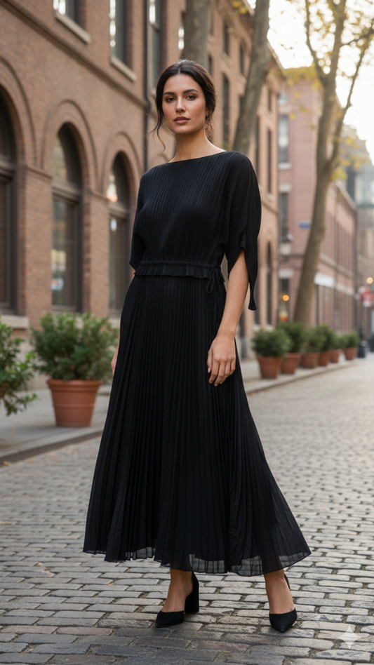 Pleated Boat Neck Maxi Dress FC2217