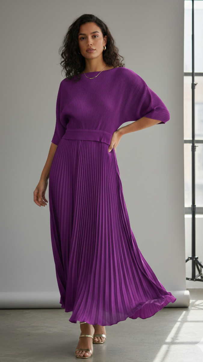 Pleated Boat Neck Maxi Dress FC2217
