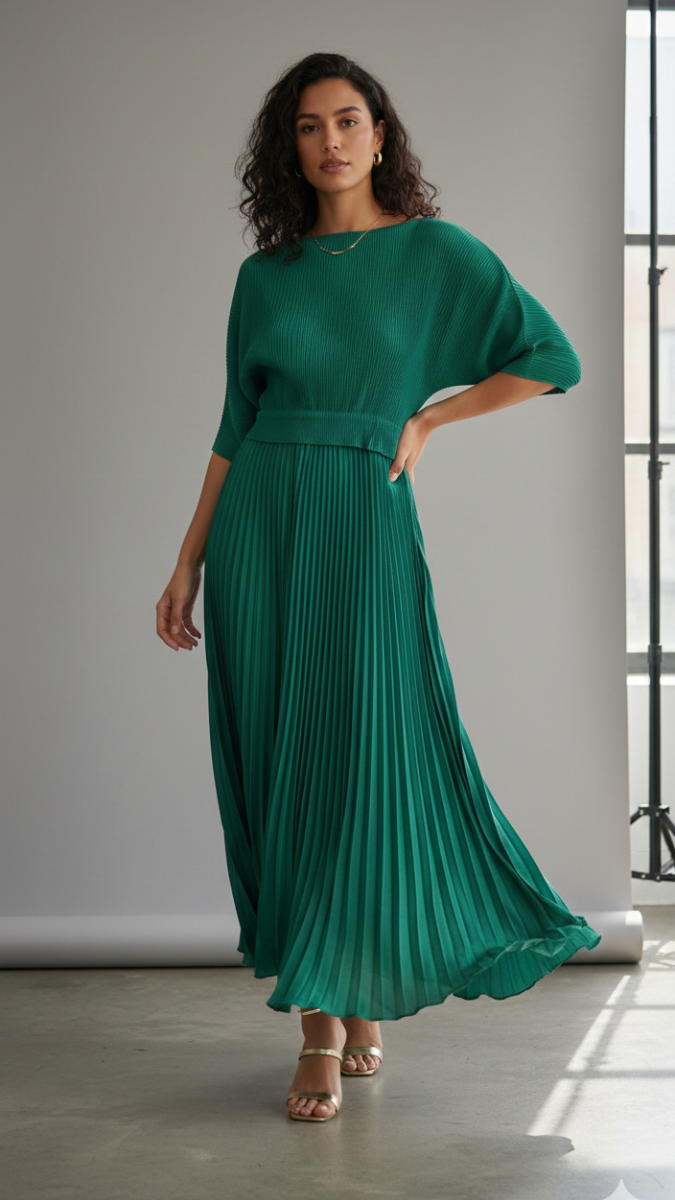 Pleated Boat Neck Maxi Dress FC2217
