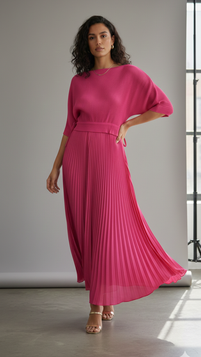 Pleated Boat Neck Maxi Dress FC2217