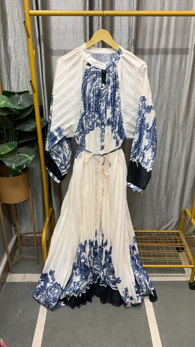 Pleated Round Neck Full Sleeve Dress FC2586