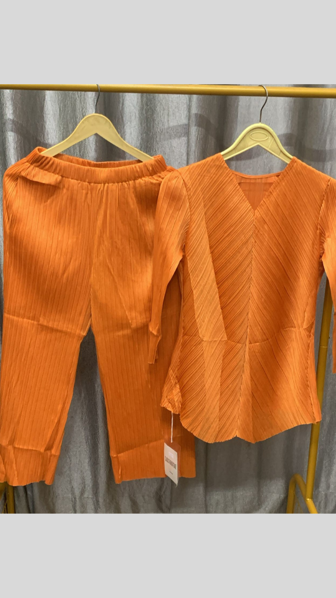 Pleated V Neck Top With Pant Coord Set FC2282