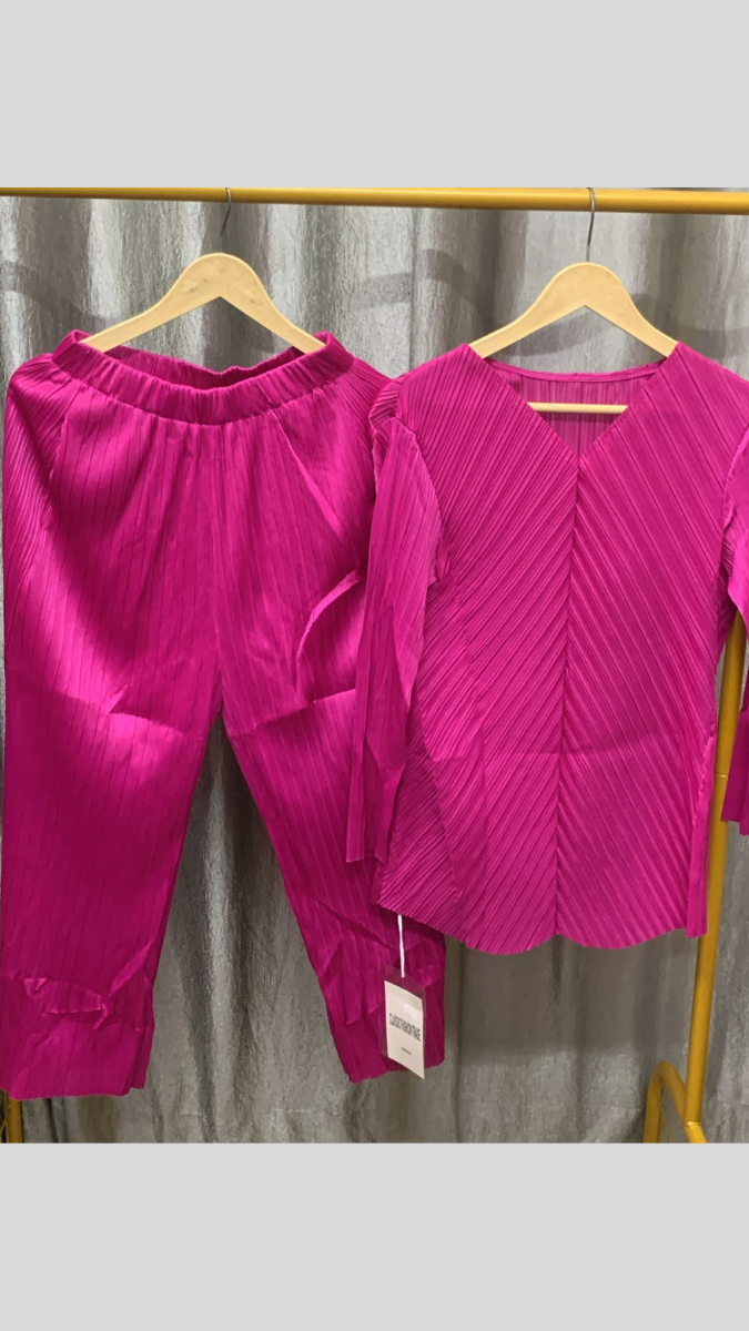 Pleated V Neck Top With Pant Coord Set FC2282