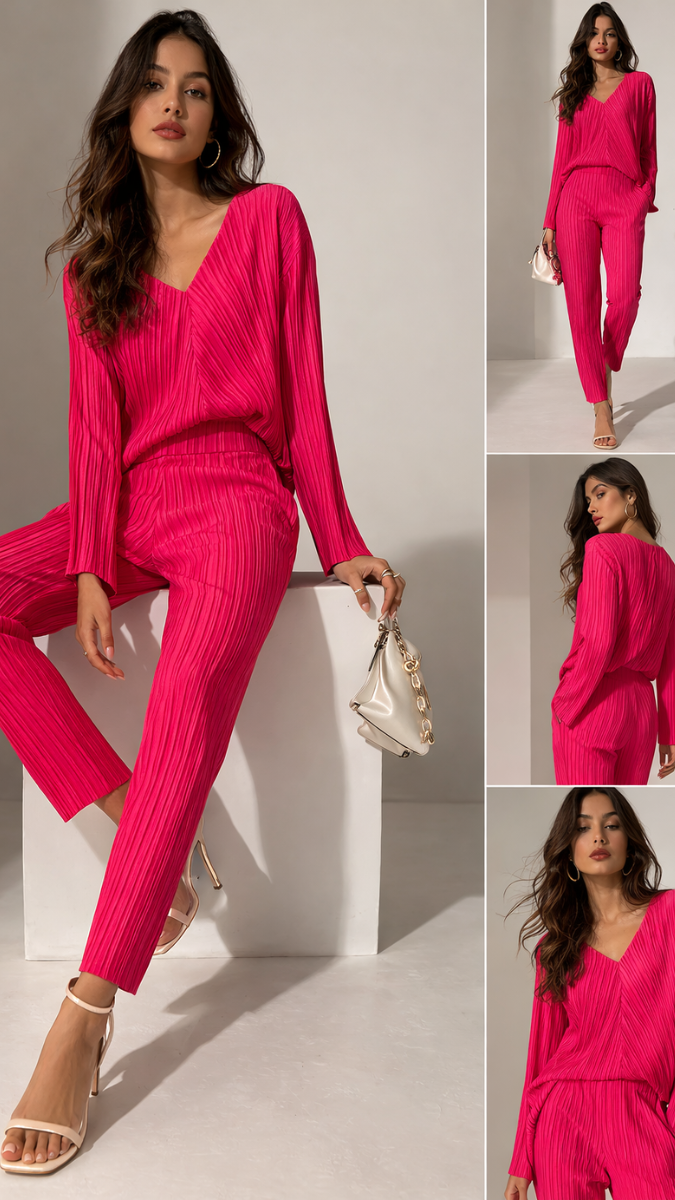 Pleated V Neck Top With Pant Coord Set FC2282
