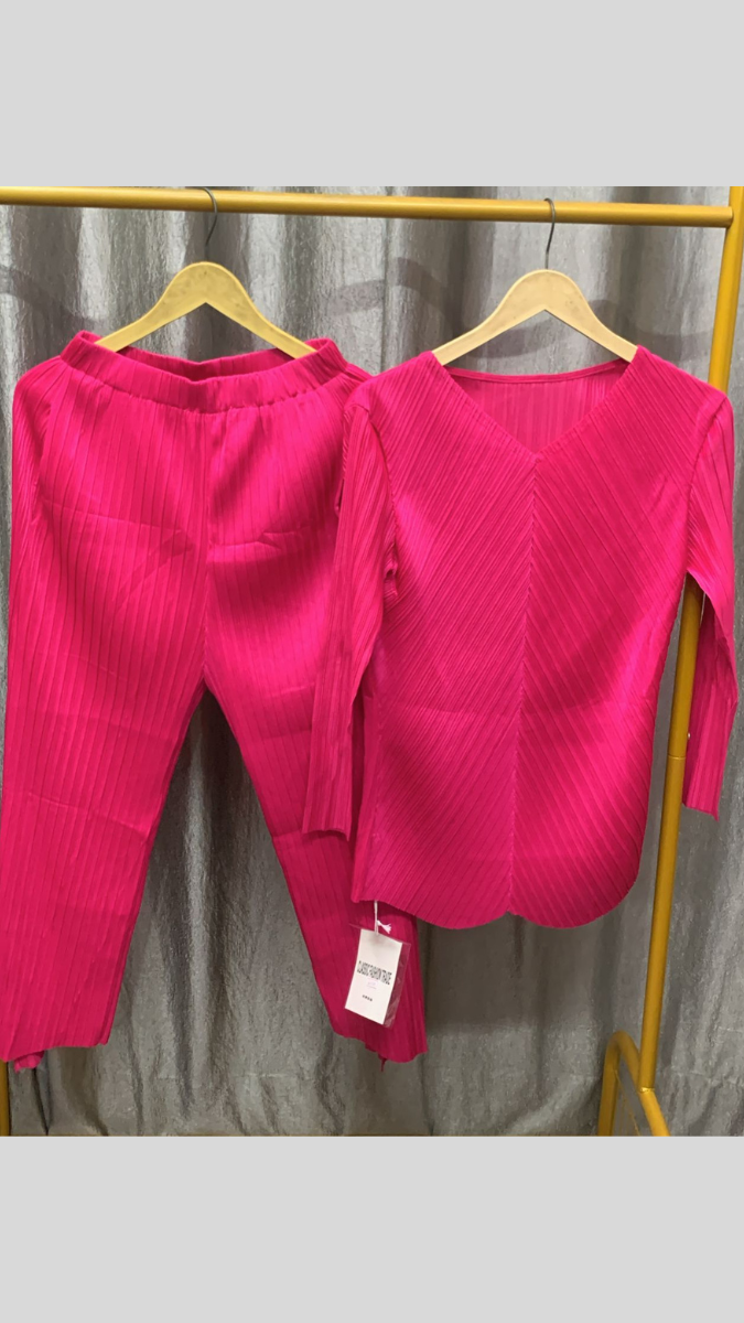 Pleated V Neck Top With Pant Coord Set FC2282