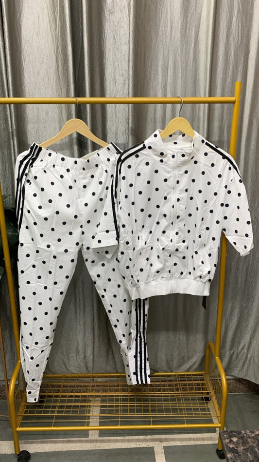 Polka Dot High Collar Half Sleeve Jacket And Pant Coord Set FC2585