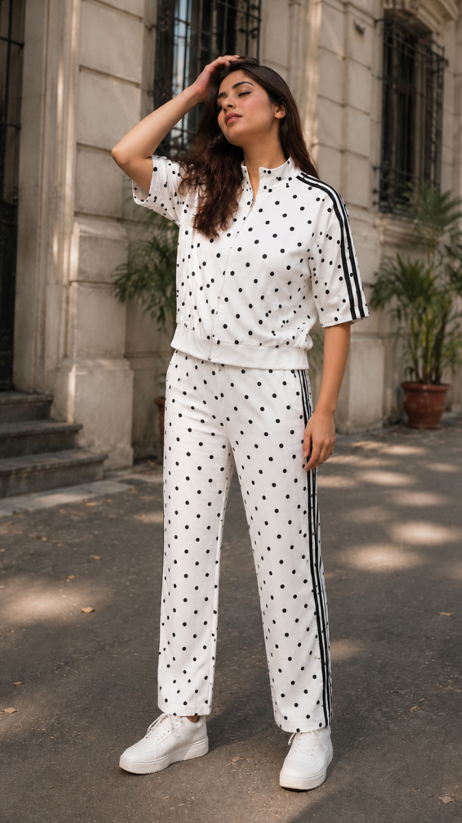 Polka Dot High Collar Half Sleeve Jacket And Pant Coord Set FC2585
