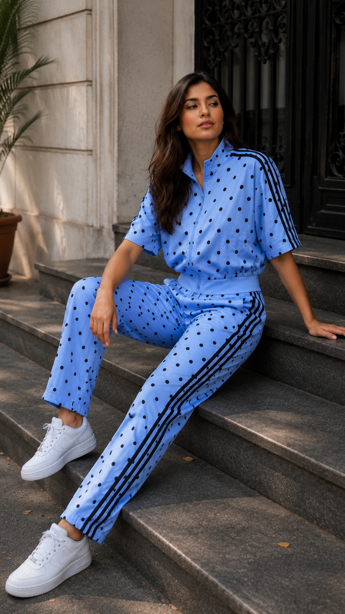 Polka Dot High Collar Half Sleeve Jacket And Pant Coord Set FC2585