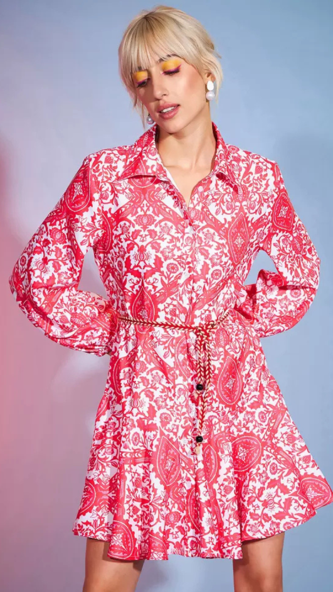 Printed Balloon Sleeve Mini Dress FC1876