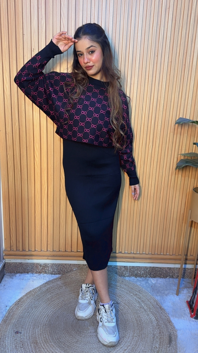 Printed Crop Top With Plain Dress FC2080