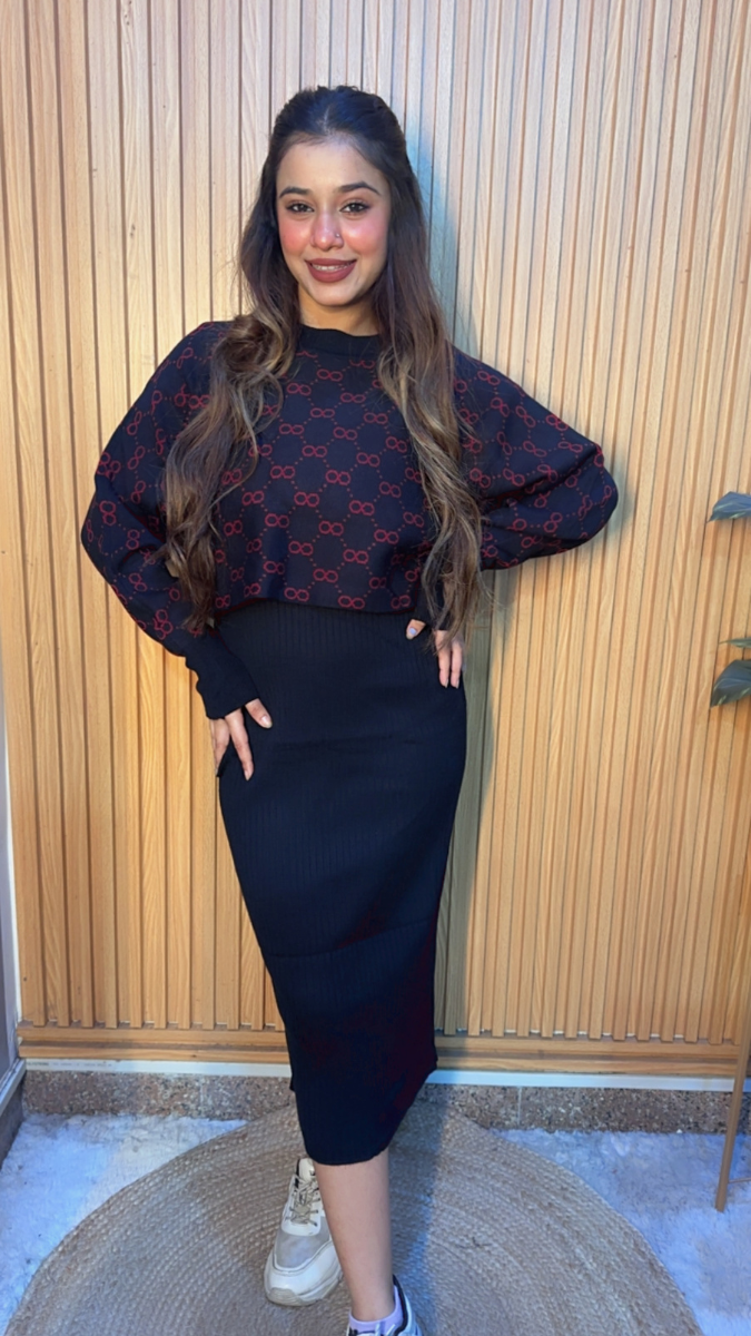 Printed Crop Top With Plain Dress FC2080