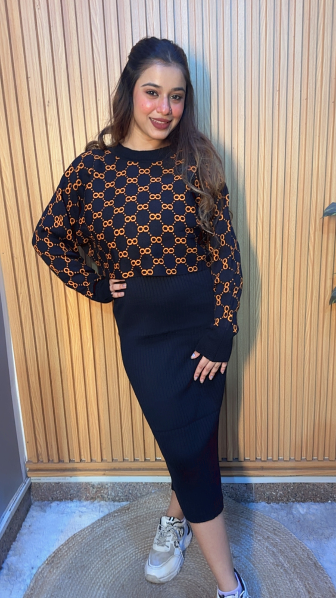 Printed Crop Top With Plain Dress FC2080