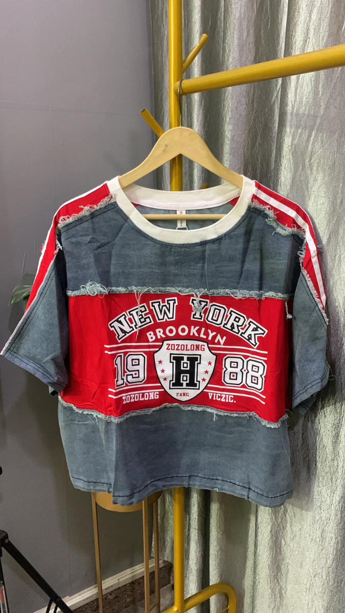 Printed Half Sleeve Round Neck Denim Top FC2159