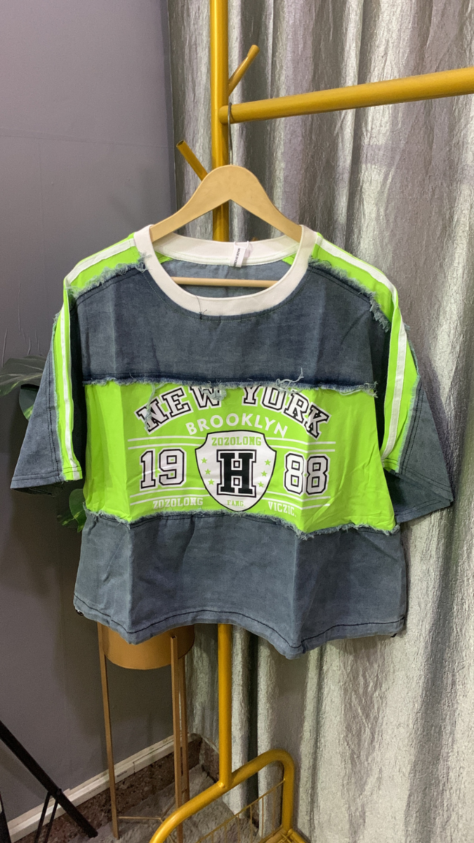 Printed Half Sleeve Round Neck Denim Top FC2159