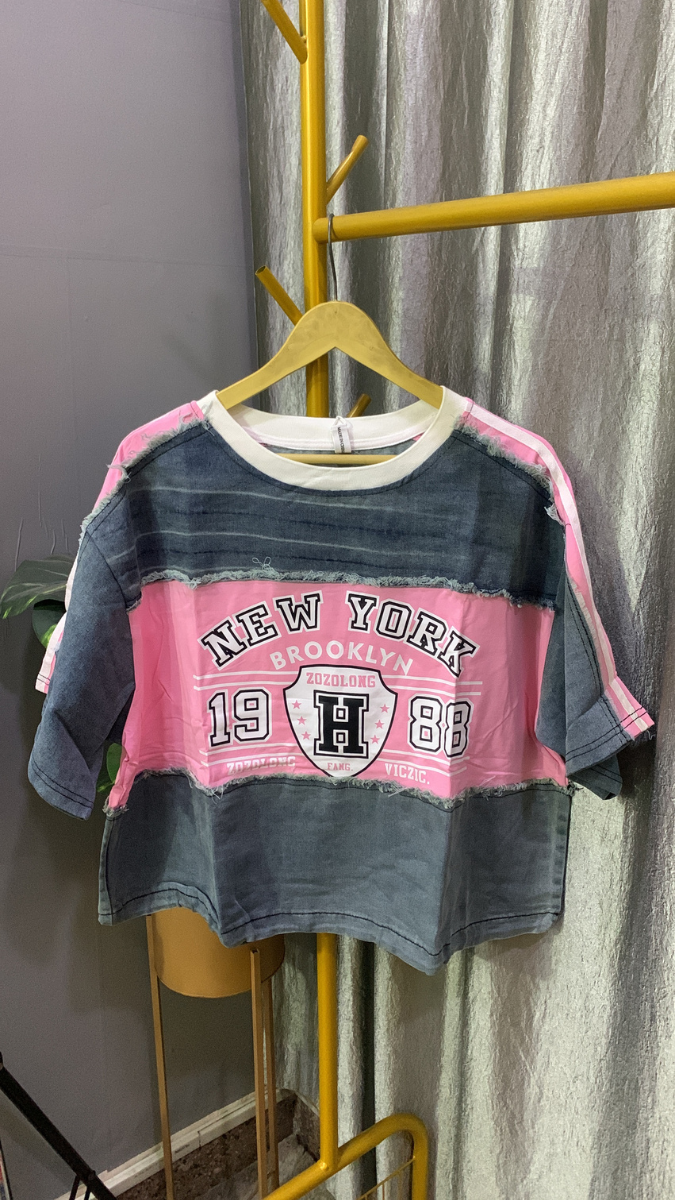 Printed Half Sleeve Round Neck Denim Top FC2159