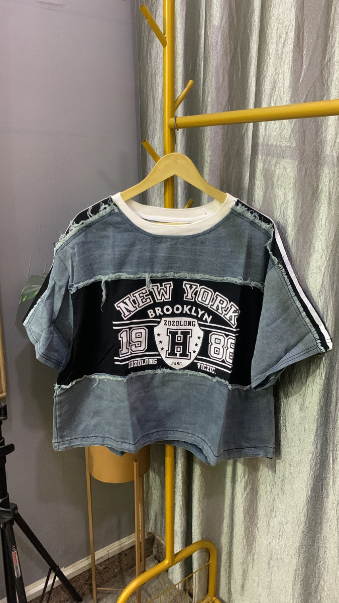 Printed Half Sleeve Round Neck Denim Top FC2159