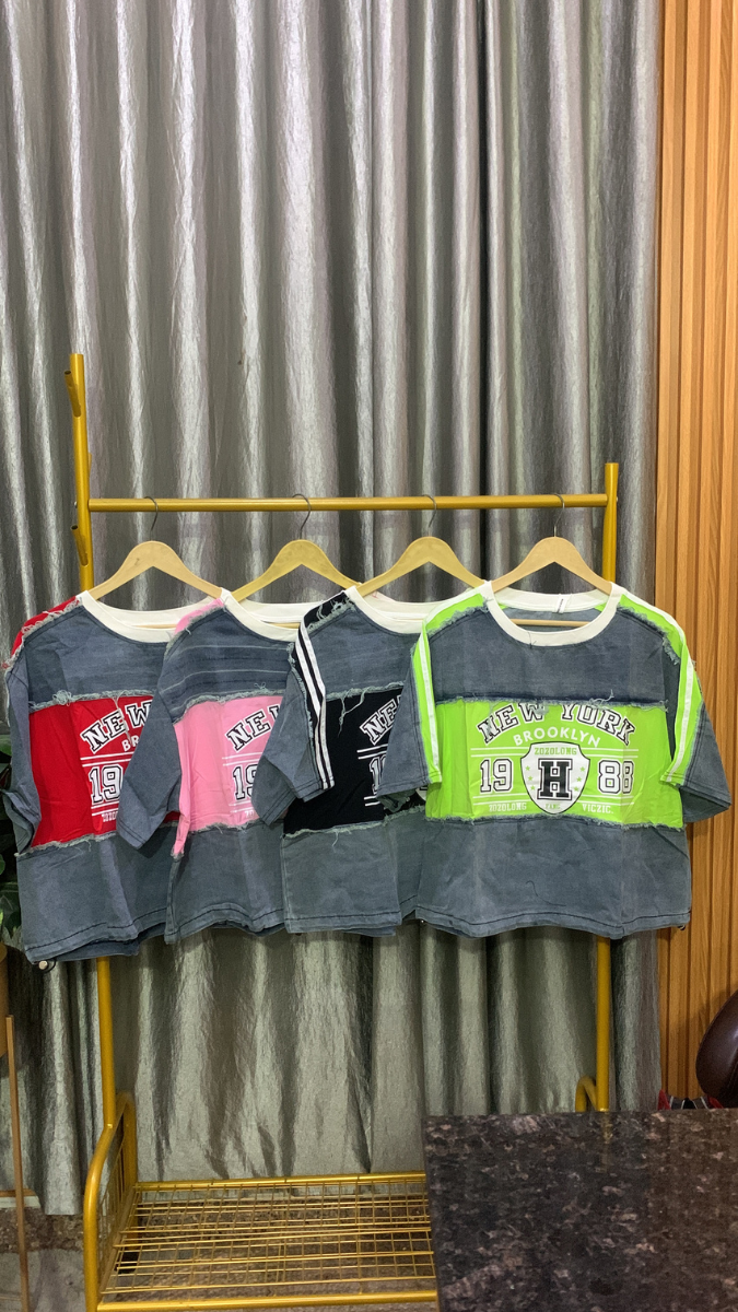 Printed Half Sleeve Round Neck Denim Top FC2159