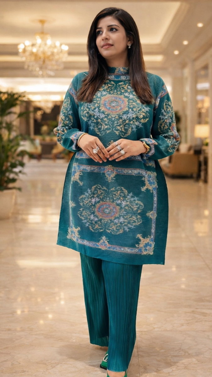 Printed High Collar Kurti With Pant Coord Set FC2314