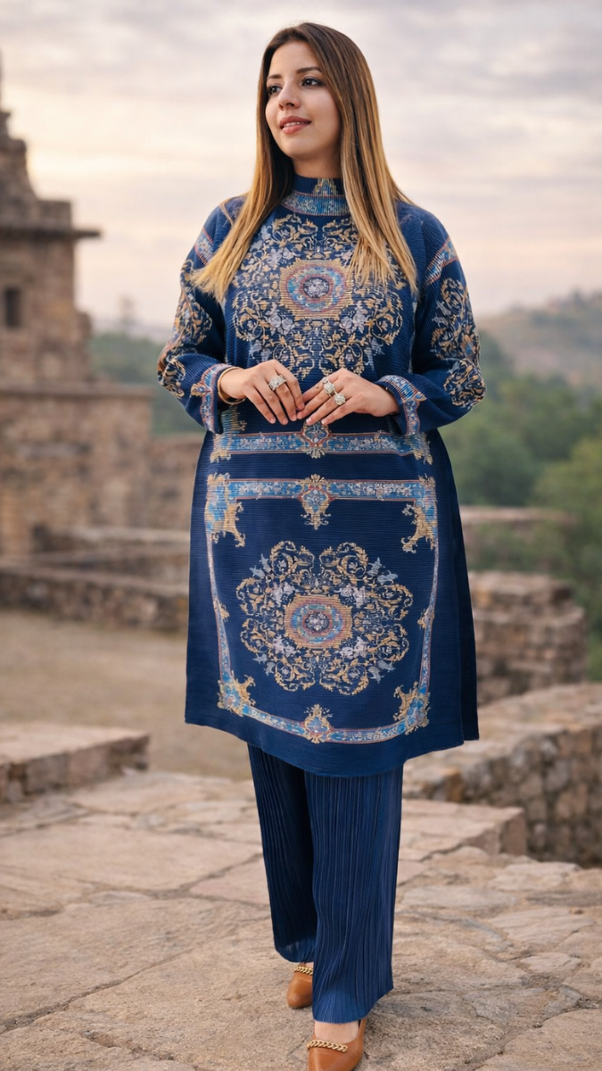 Printed High Collar Kurti With Pant Coord Set FC2314