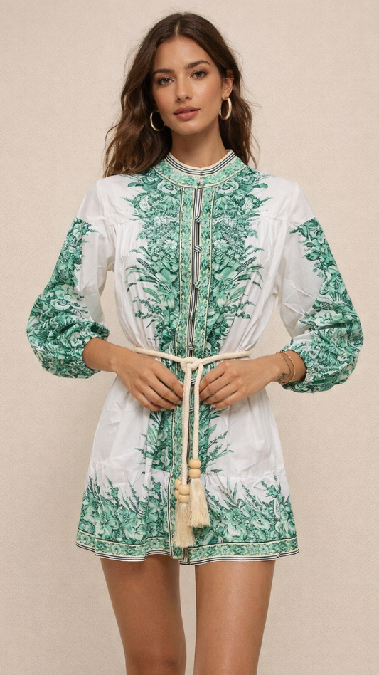 Printed High Neck Balloon Sleeve Mini Dress FC2388