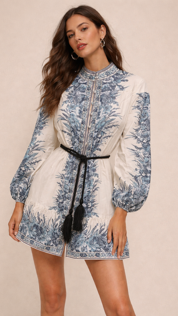 Printed High Neck Balloon Sleeve Mini Dress FC2388