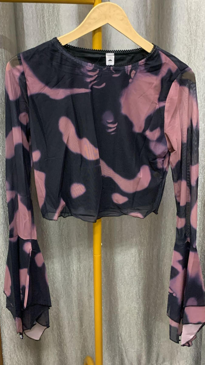 Printed Round Neck Flared Sleeve Crop Top FC2256