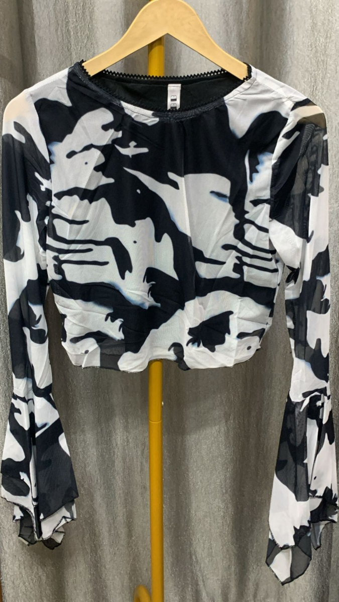 Printed Round Neck Flared Sleeve Crop Top FC2256