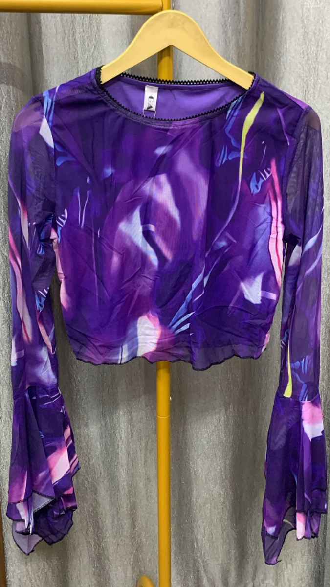 Printed Round Neck Flared Sleeve Crop Top FC2256