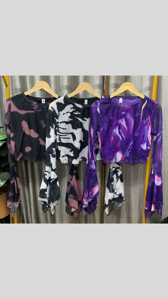 Printed Round Neck Flared Sleeve Crop Top FC2256