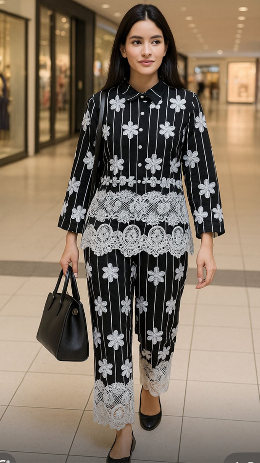 Printed Shirt With Net Designed Ankle Pant Coord Set FC1872