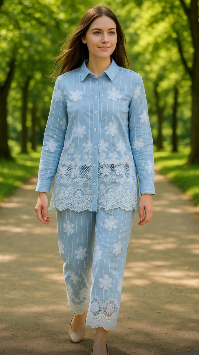Printed Shirt With Net Designed Ankle Pant Coord Set FC1872