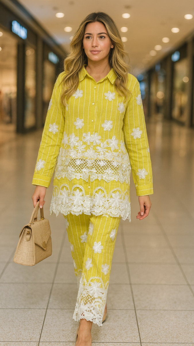 Printed Shirt With Net Designed Ankle Pant Coord Set FC1872