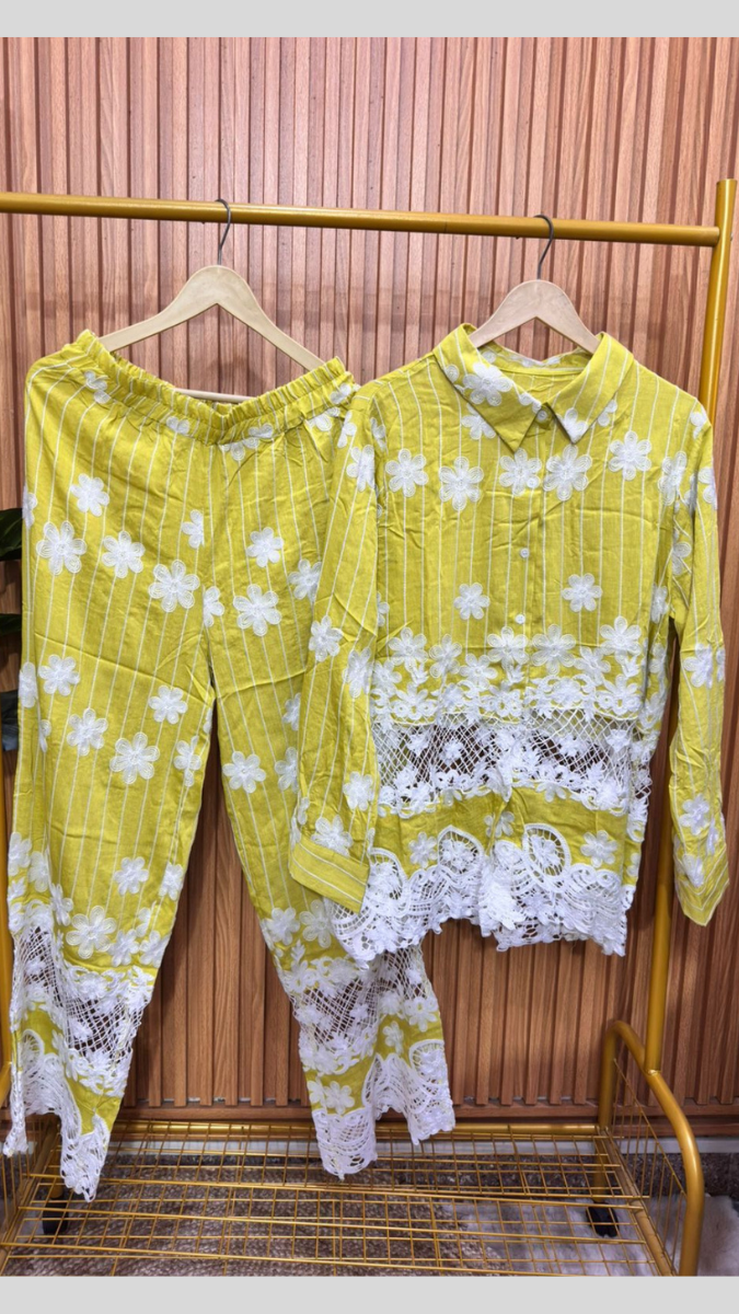 Printed Shirt With Net Designed Ankle Pant Coord Set FC1872