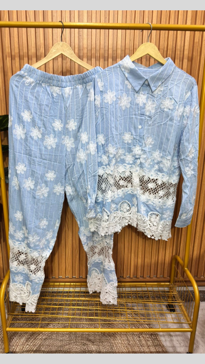 Printed Shirt With Net Designed Ankle Pant Coord Set FC1872