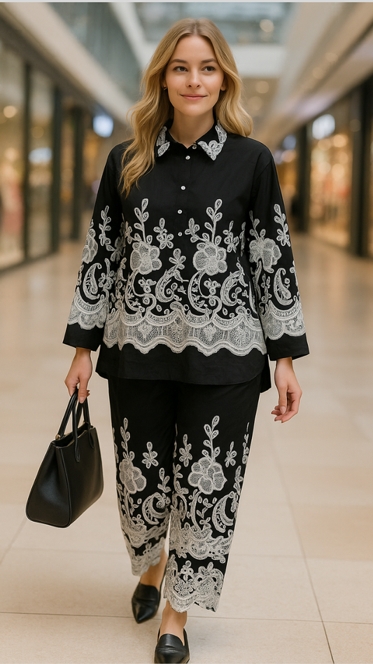 Printed Shirt With Net Rose Designed Ankle Pant Coord Set FC1873