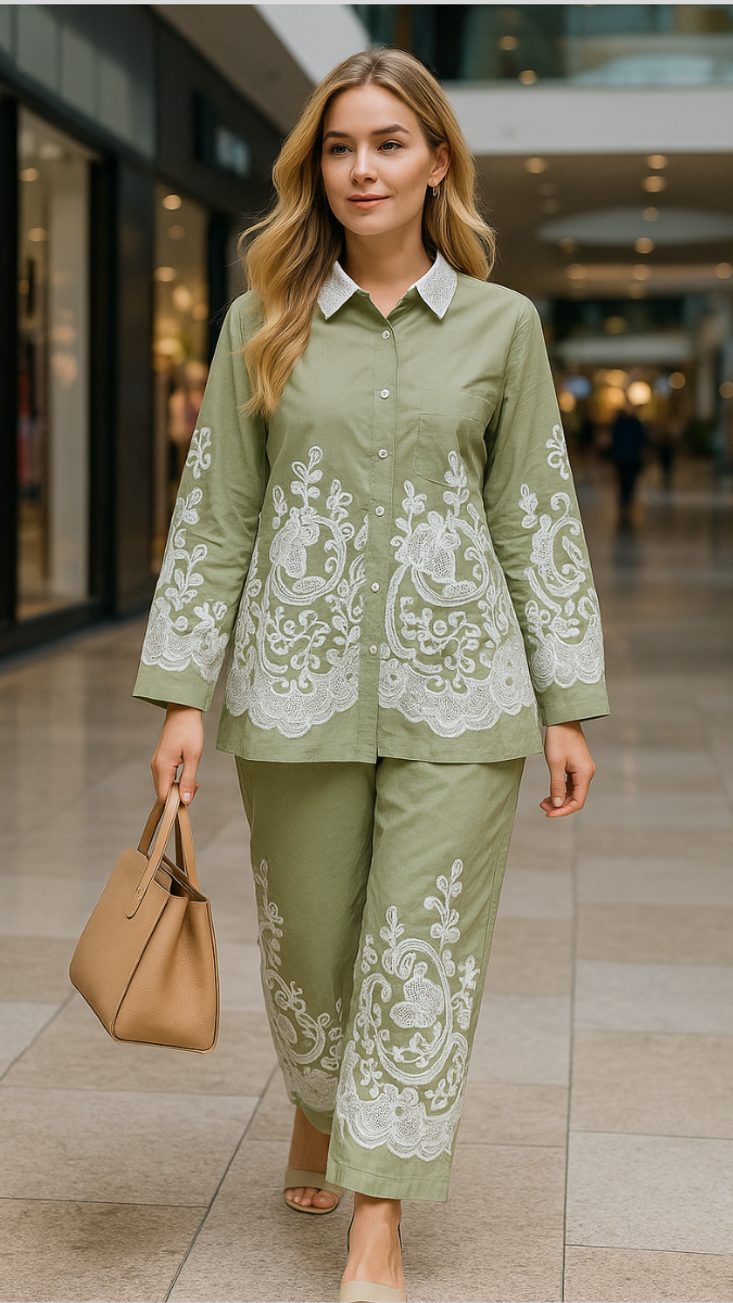 Printed Shirt With Net Rose Designed Ankle Pant Coord Set FC1873