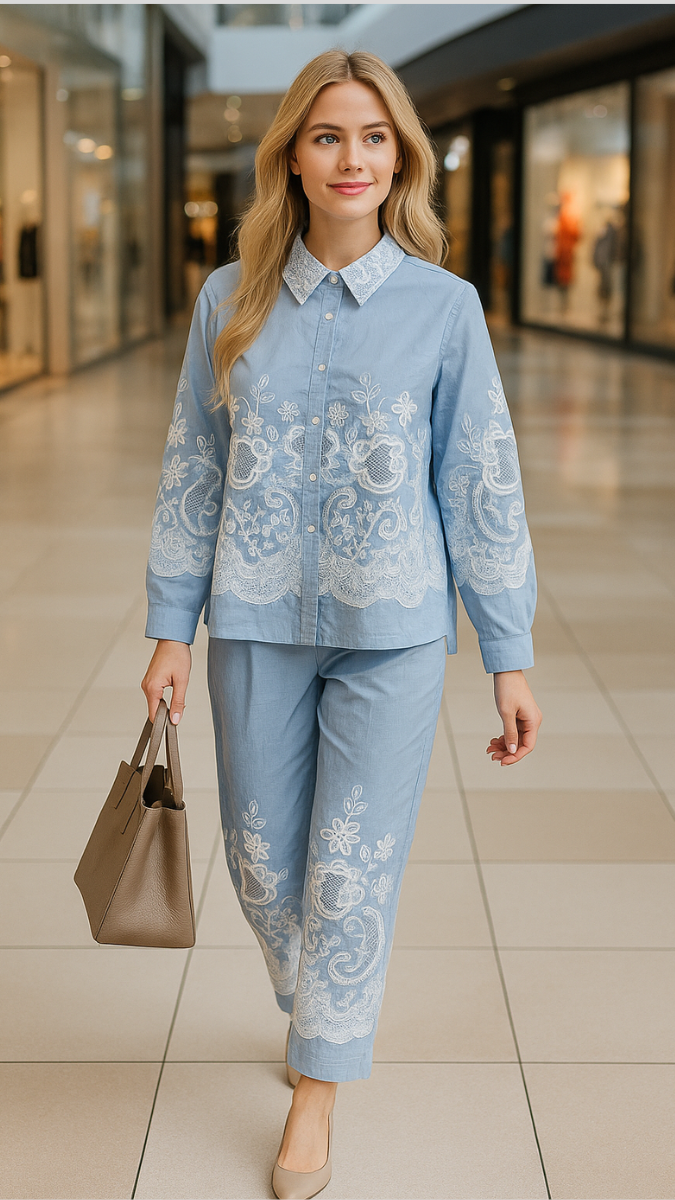 Printed Shirt With Net Rose Designed Ankle Pant Coord Set FC1873
