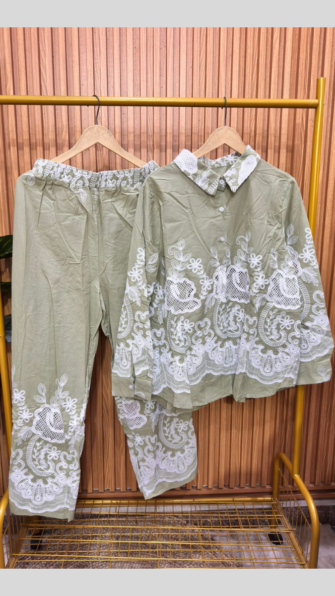 Printed Shirt With Net Rose Designed Ankle Pant Coord Set FC1873