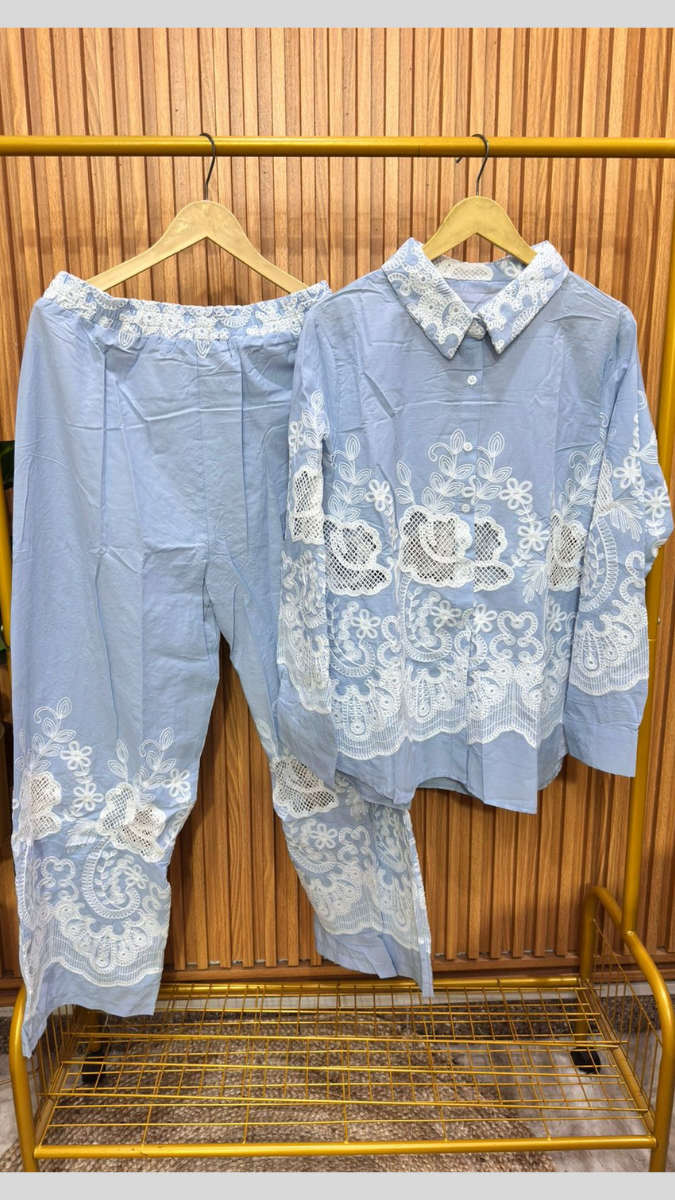 Printed Shirt With Net Rose Designed Ankle Pant Coord Set FC1873