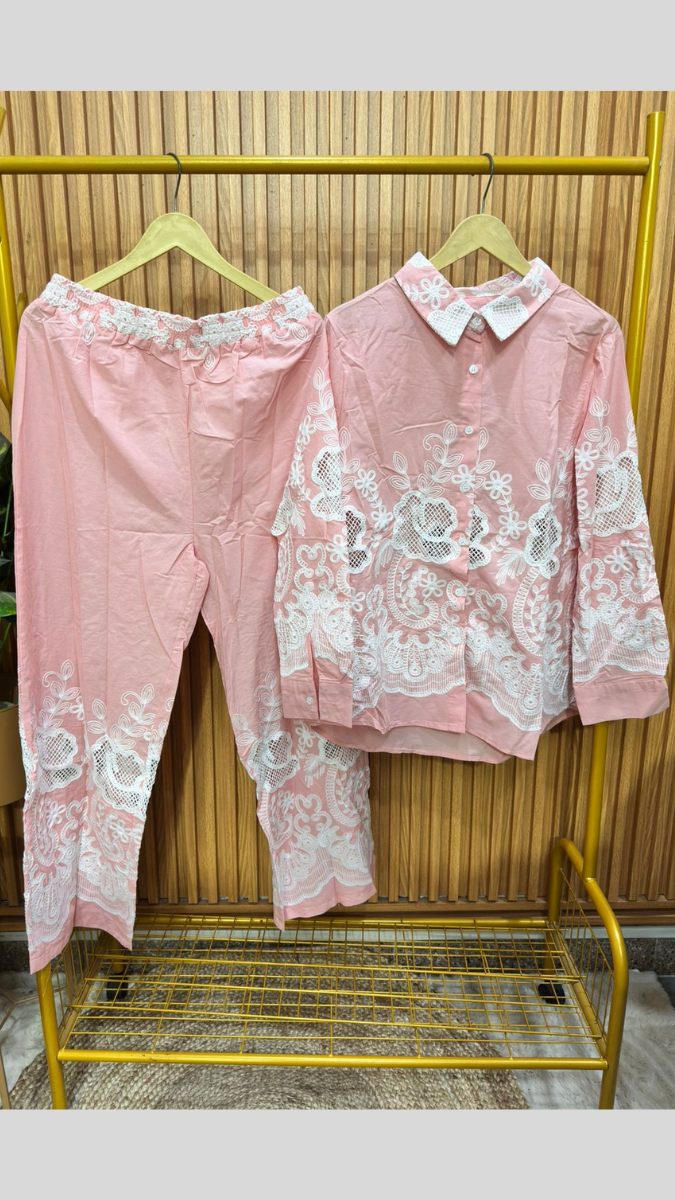 Printed Shirt With Net Rose Designed Ankle Pant Coord Set FC1873