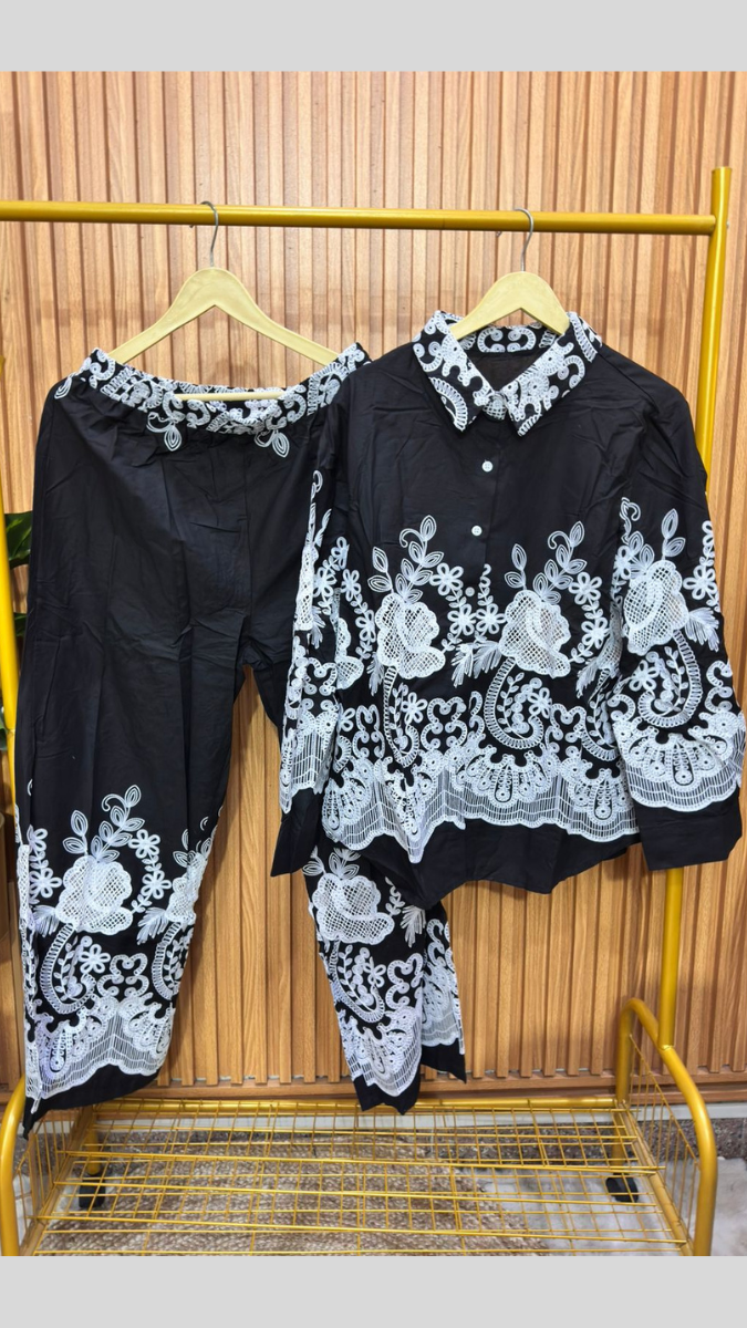 Printed Shirt With Net Rose Designed Ankle Pant Coord Set FC1873
