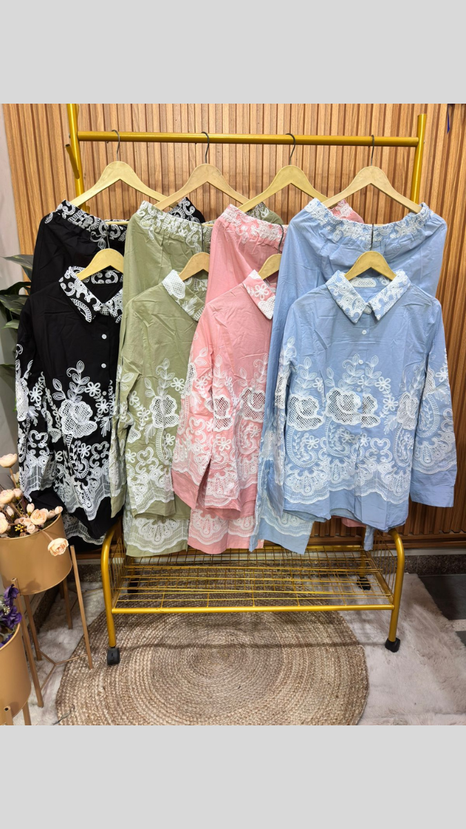 Printed Shirt With Net Rose Designed Ankle Pant Coord Set FC1873