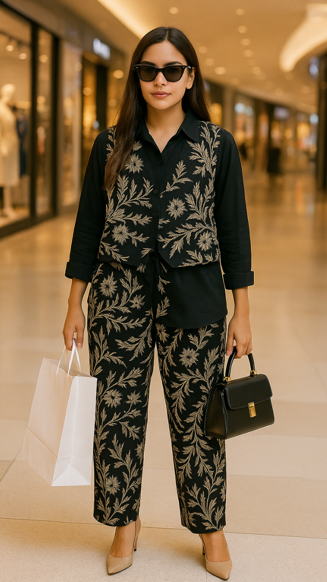 Printed Vest And Pant With Plain Kurta Set FC1810