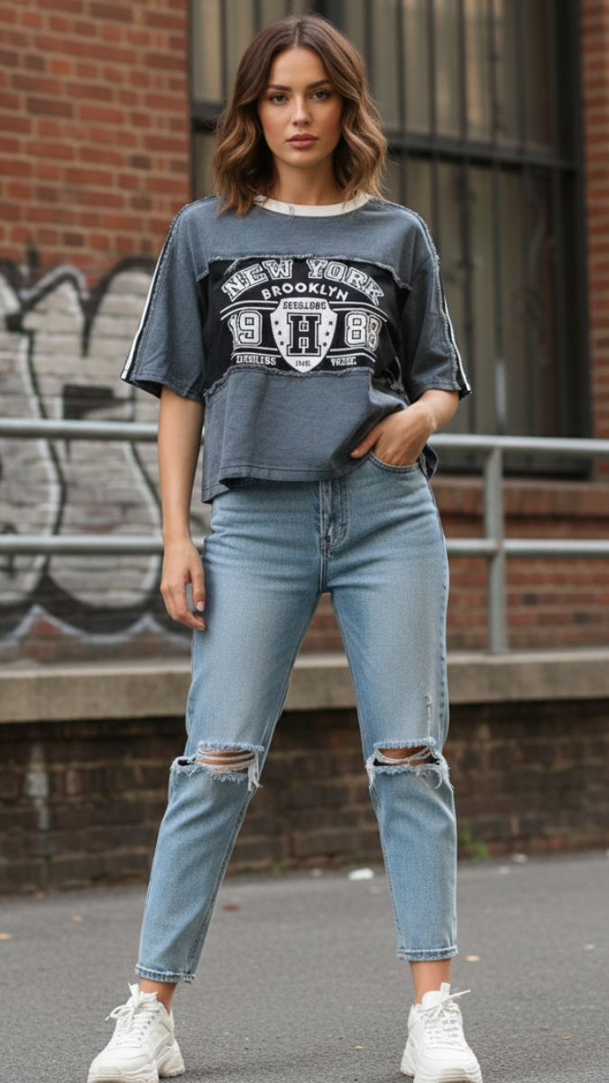 Printed Half Sleeve Round Neck Denim Top FC2159