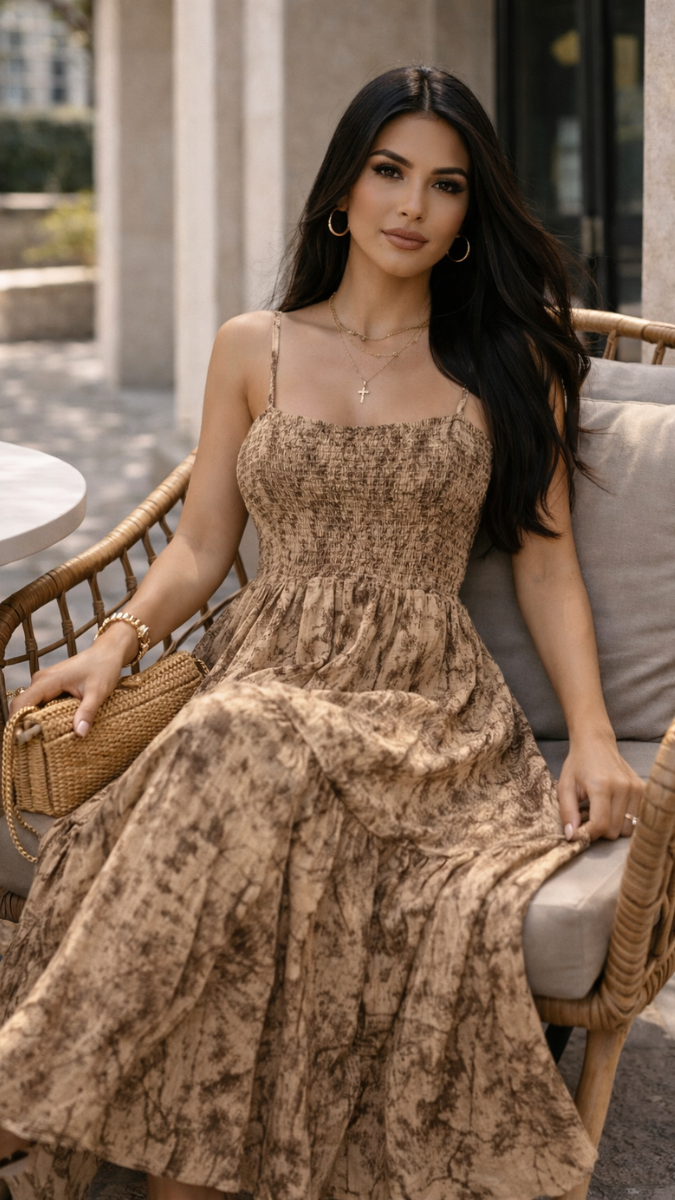 Printed Strap Sleeve Elastic Upper Maxi Dress FC2331