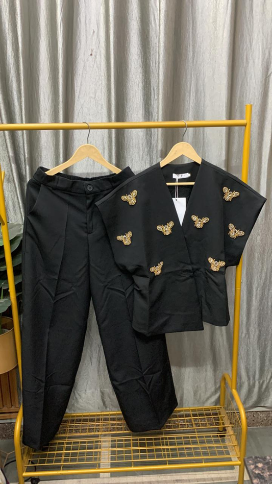 Rhinestone Beatle Embedded Top With Pant Coord Set FC2448
