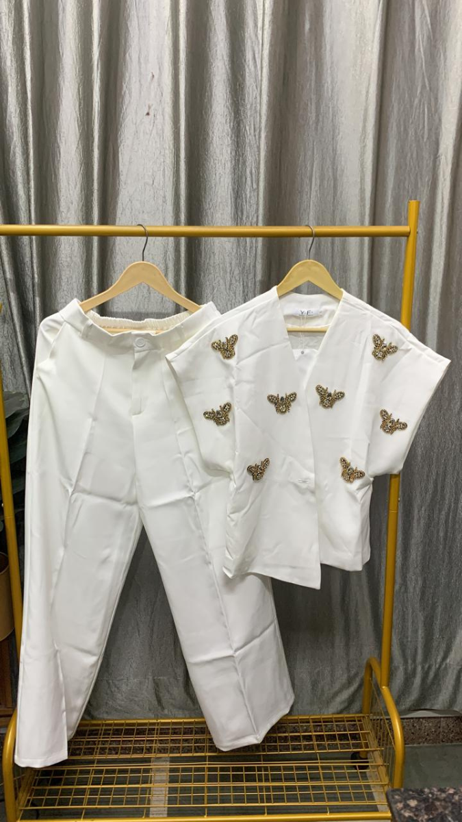 Rhinestone Beatle Embedded Top With Pant Coord Set FC2451