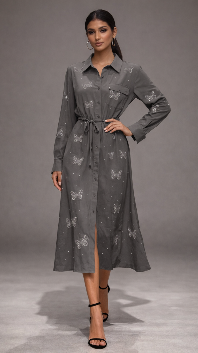 Rhinestone Butterfly Embedded A- Line Dress FC2259