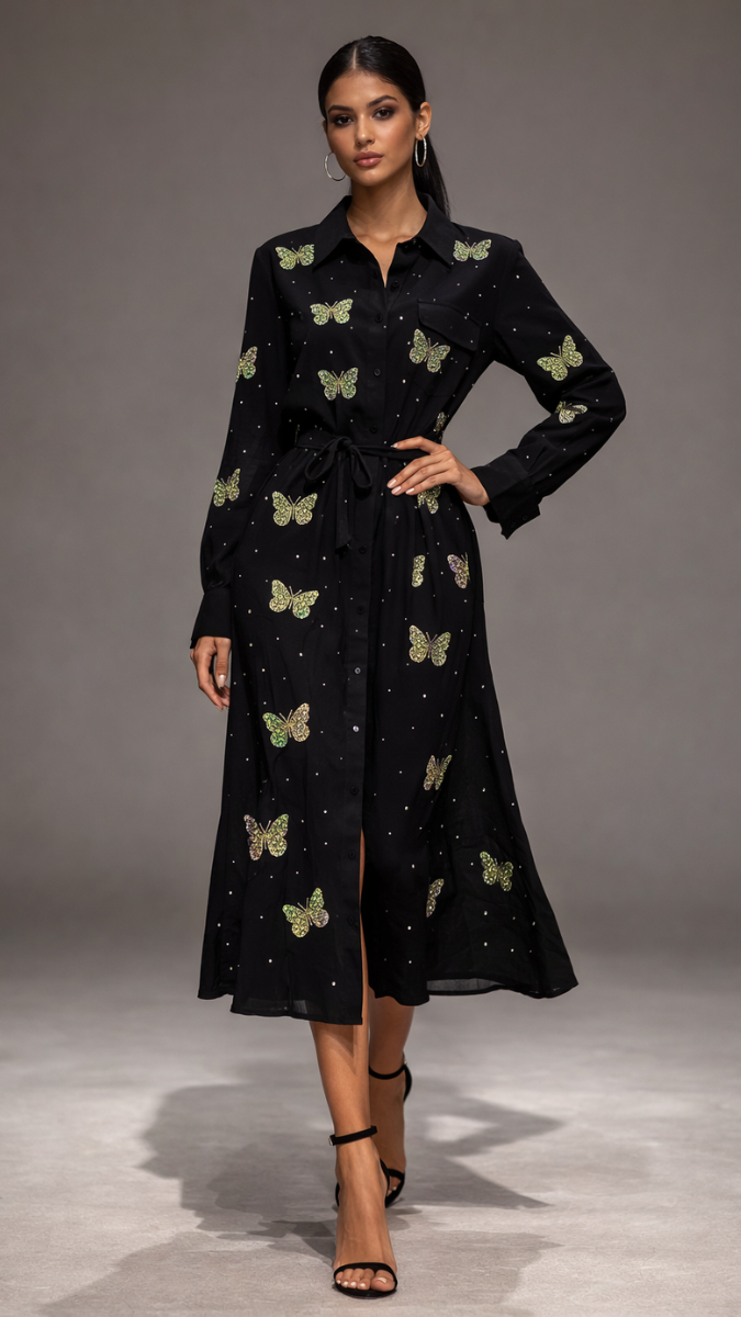 Rhinestone Butterfly Embedded A- Line Dress FC2259