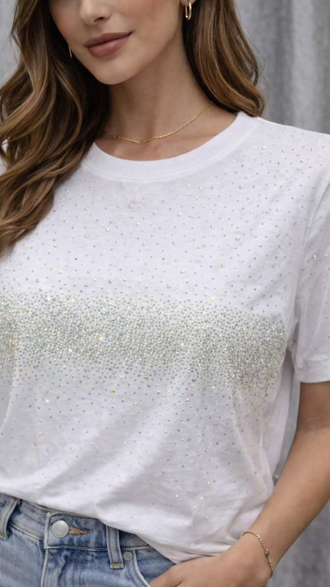 Rhinestone Cluster Designed Half Sleeve Top FC2305